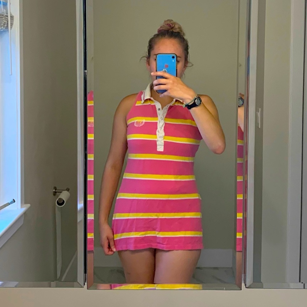 Mecca Femme Pink, Yellow, and White Striped Collared Tank Dress, Size Medium